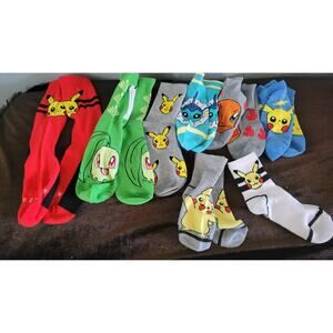 Pokemon Socks Lot 9 Pairs Pikachu Charmander Vaporeon Chikorita Crew Knee High